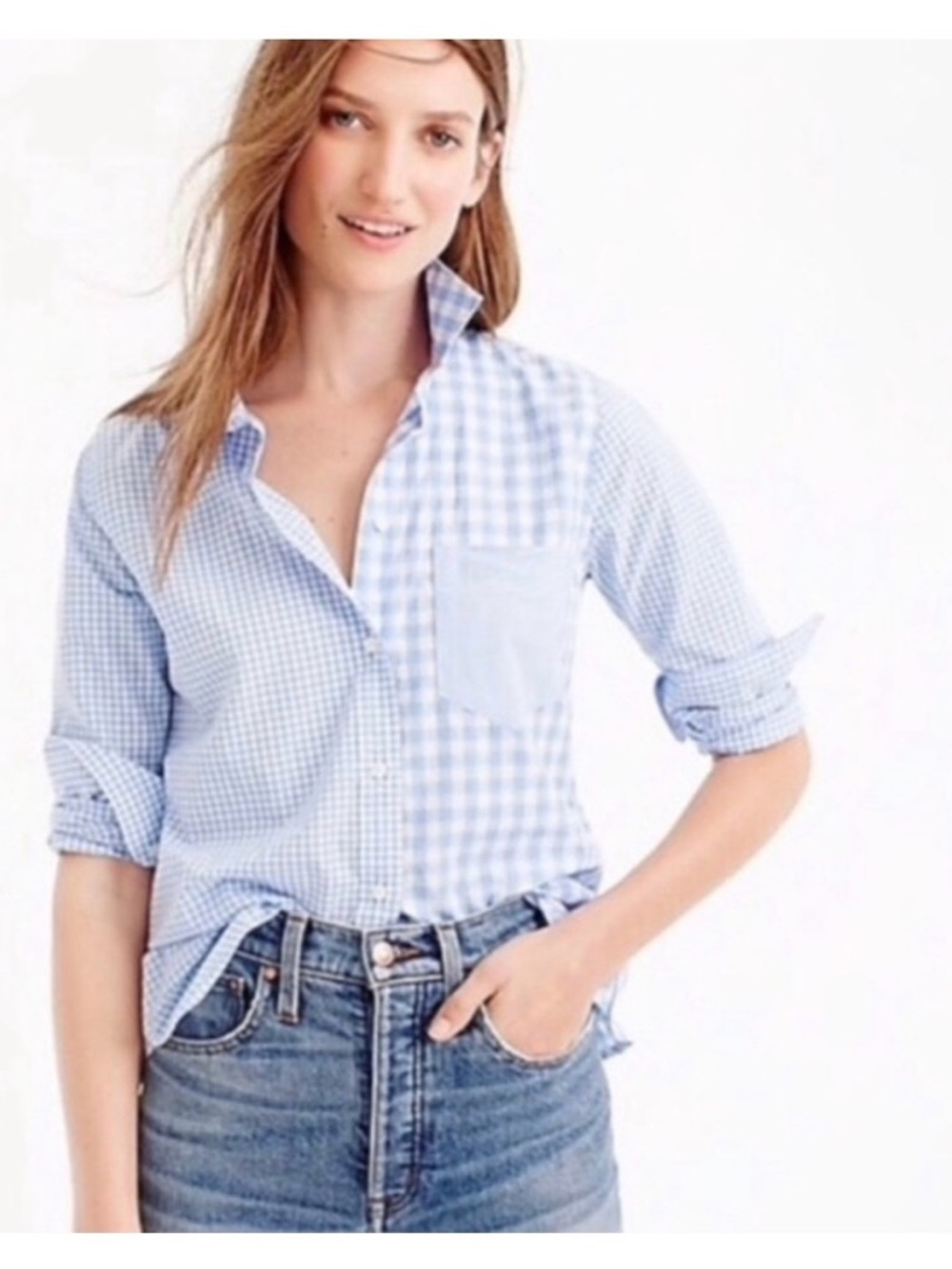 Women’s J. Crew Light Blue Gingham Patchwork “Boy” Shirt Size 0